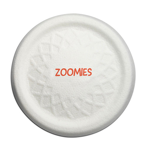 White dog toy with 'Zoomies' branding on a white background