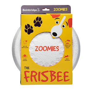 Zoomies Frisbee packaging with yellow background and white frisbee