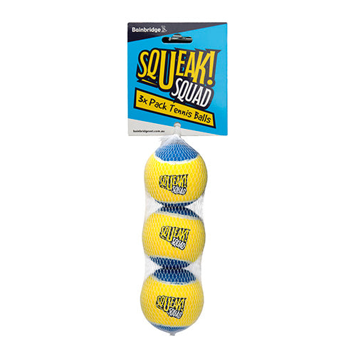 Three yellow tennis balls with blue text packaging on a white background
