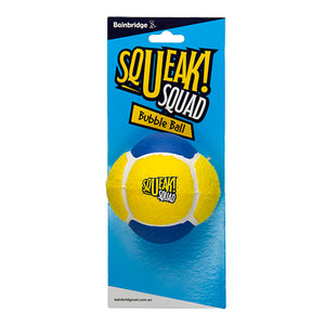 Packaging of a Squeak Squad Bubble Ball toy with a blue background