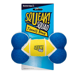 Blue and yellow squeak tennis bone toy with 'Squeak Squad' branding on a blue packaging background.