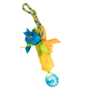 Colorful pet toy with a ball, ribbons, and a rope on a white background