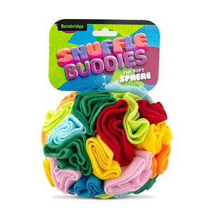 Colorful ball of felt pieces with 'Snuffle Buddies' packaging on a white background