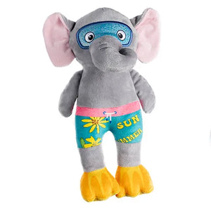 Plush elephant toy with a blue mask, pink shorts, and yellow shoes on a white background