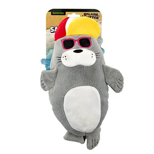 Plush toy seal with a yellow hat and red sunglasses on a white background