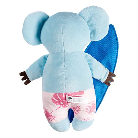 Blue plush koala toy for dogs with a floral pattern on a white background