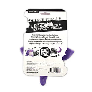 Packaging of a manta ray chew toy for dogs with text and branding on a white background
