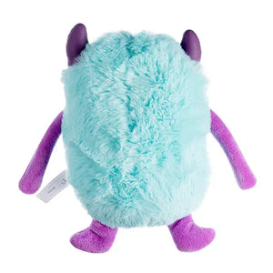 Plush toy with turquoise fur and purple accents on a white background
