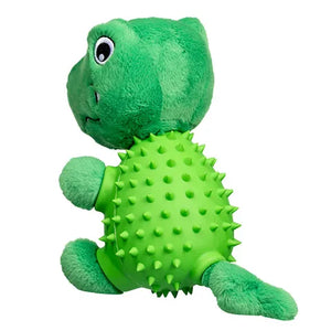 Green plush toy with spiky texture on a white background
