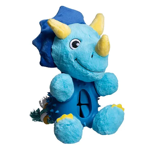 Blue plush toy dinosaur with yellow horns on a white background