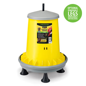Yellow poultry feeder with gray base on a white background