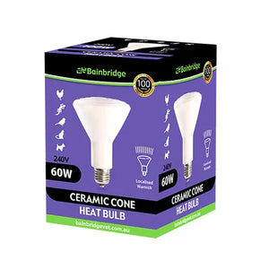 Box of Bainbridge Ceramic Cone Heat Bulb with product images and specifications on a white background