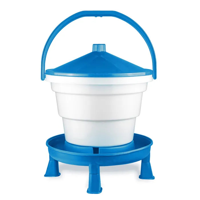 Blue and white plastic chicken feeder with handle on a white background