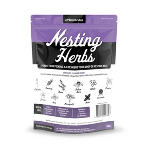 Nesting Herbs packaging with purple and black design on a white background