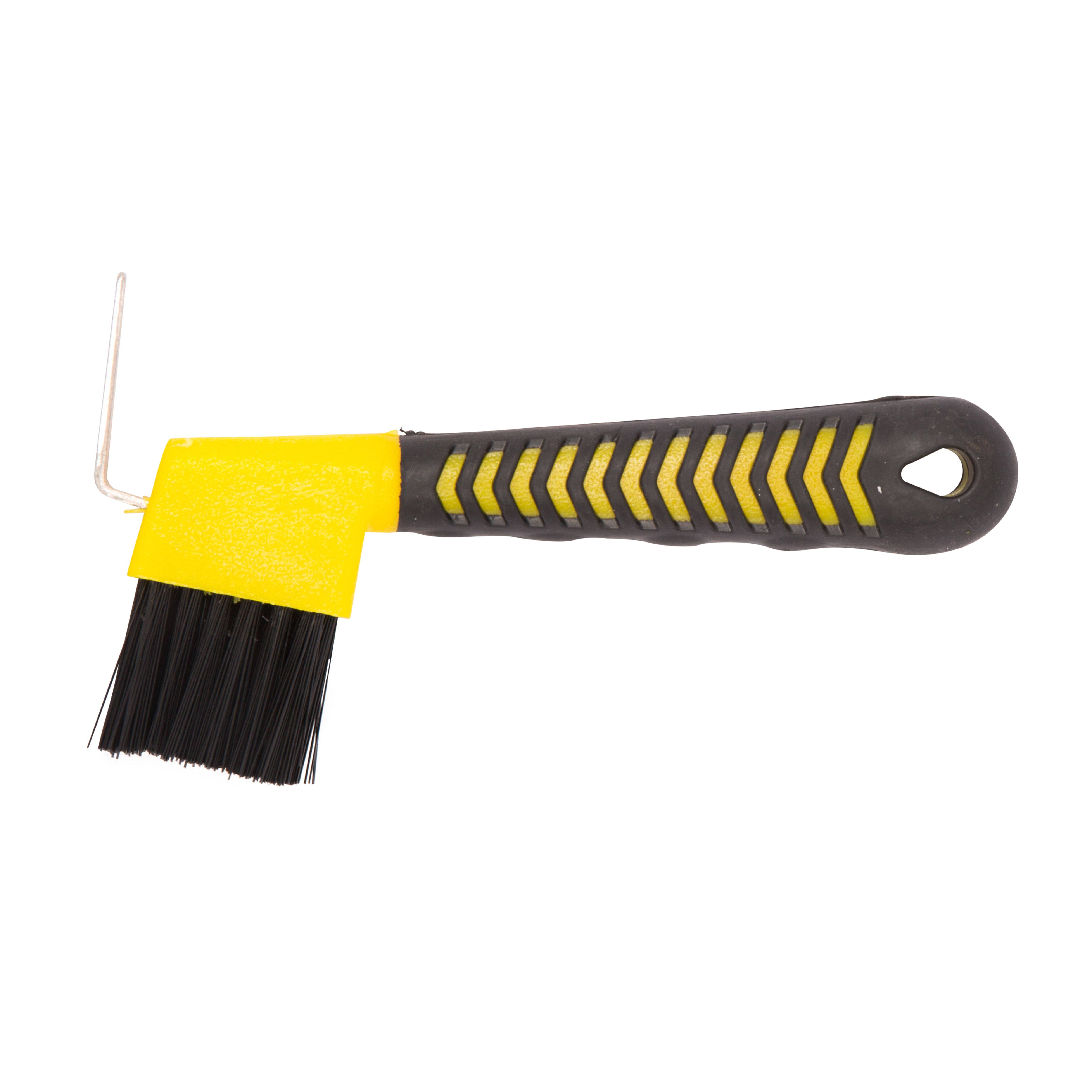 A Hoof Pick with a brush on it in Yellow and Black