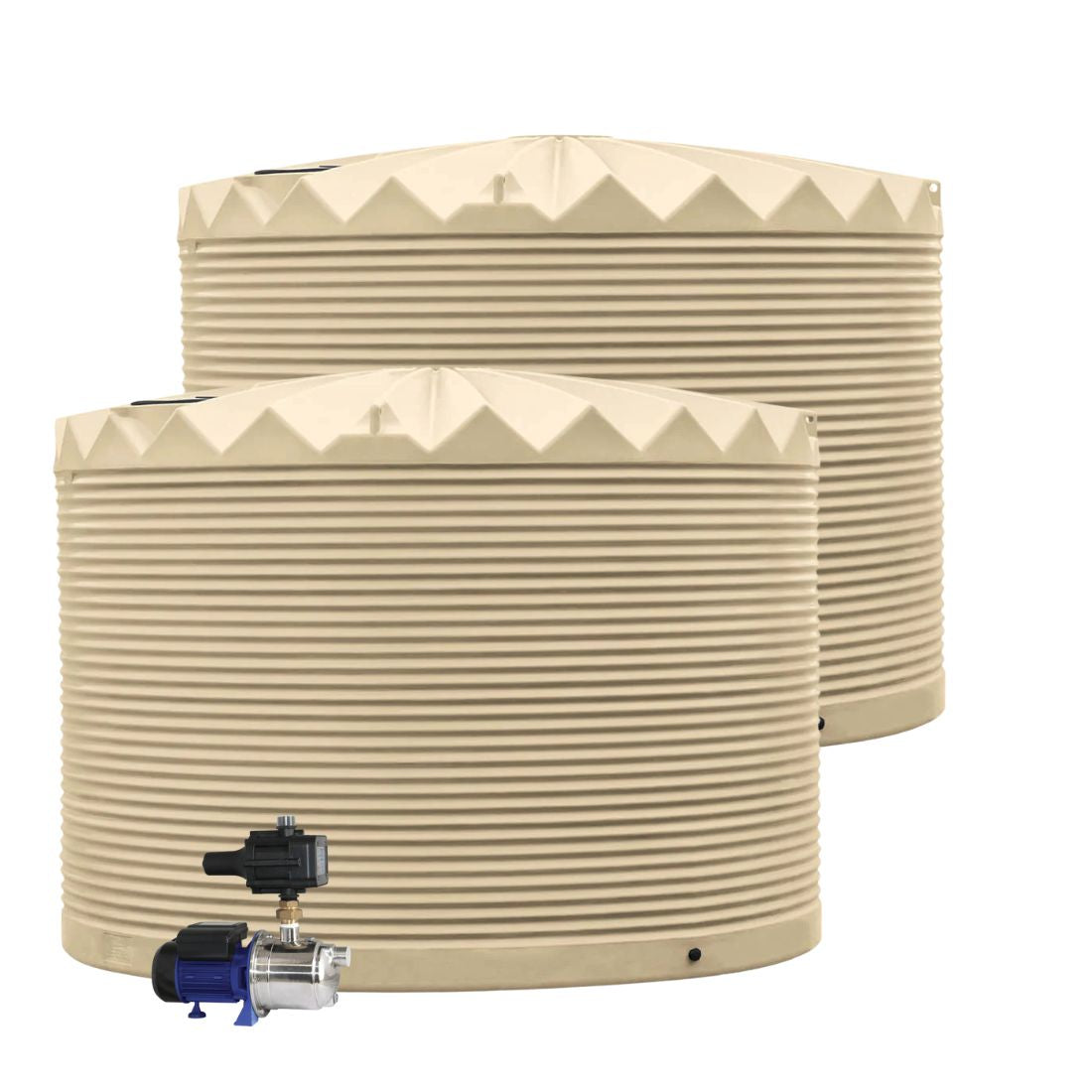 Two water storage tanks with a valve on a white background