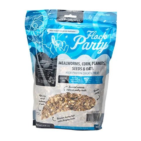 Chicken Treat - Flock Party - Blue - Mealworms, Corn, Peanuts, Seeds & Oats - 900g - Supplementation - Austral Ag