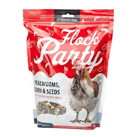 Chicken Treat - Flock Party - Red - Mealworms, Corn & Seeds - 900g - Supplementation - Austral Ag