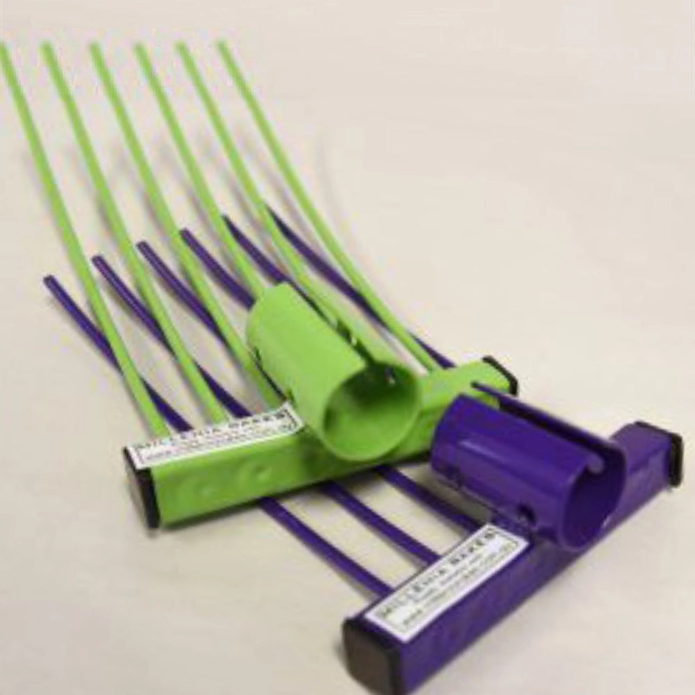 Green and purple rake heads with multiple components on a light gray background