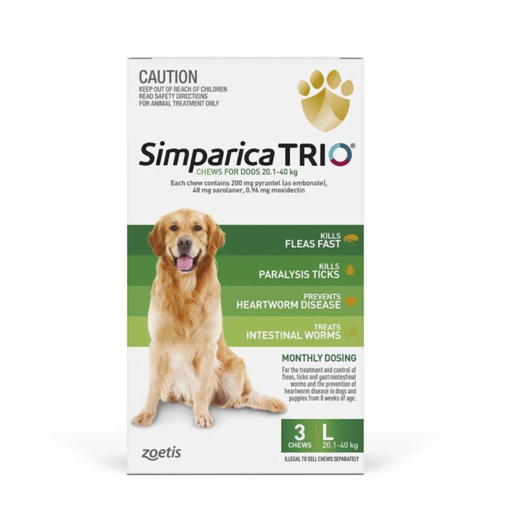 10074 - Animal Health - Simparica Trio Dog Chews - 20.1 - 40kg - Large - Green - 3 Pk - Austral Ag