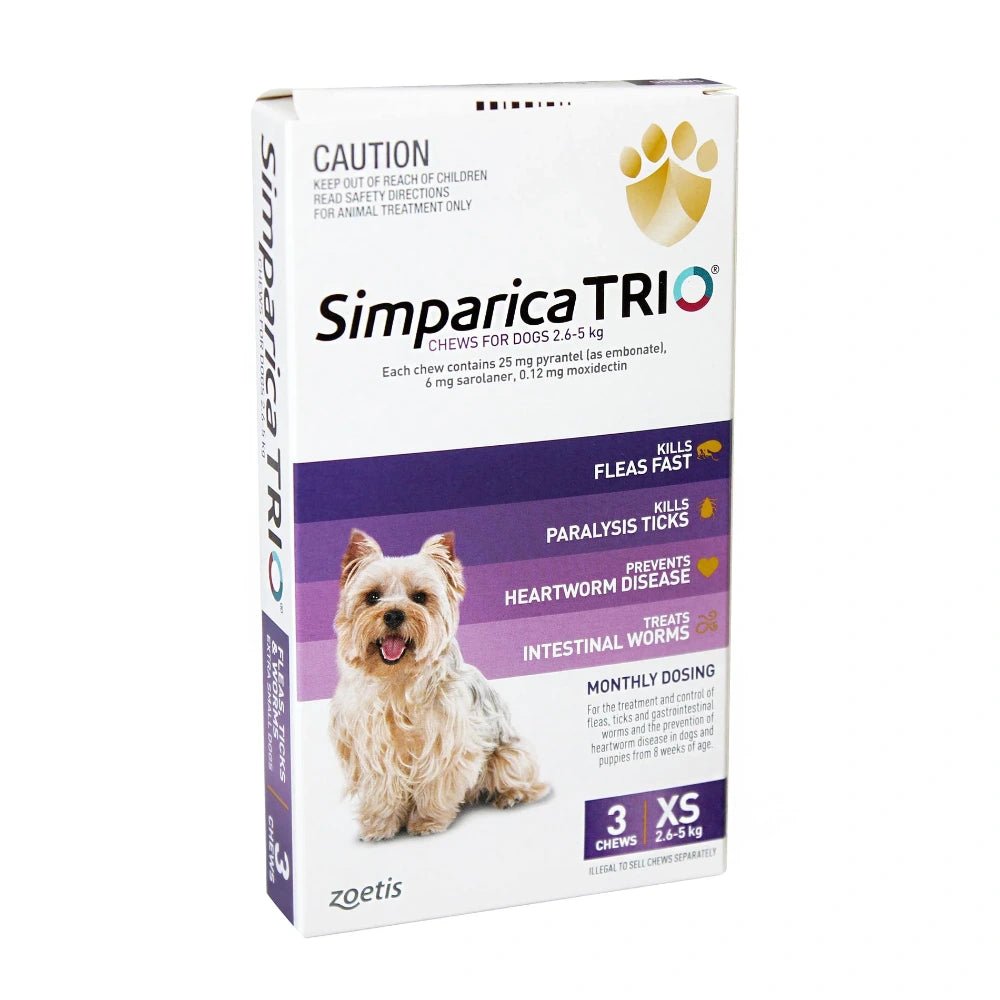 15186 - Animal Health - Simparica Trio Dog Chews - 2.6 - 5kg - Extra Small - Purple - 3 Pk - Austral Ag