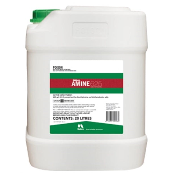 White container with green lid labeled 'Amine 625' on a white background