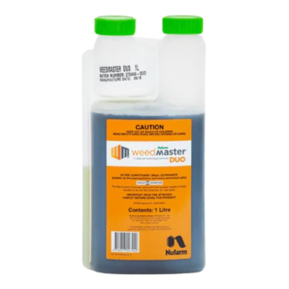 1 litre container of WeedMaster Duo with green lid on a white background