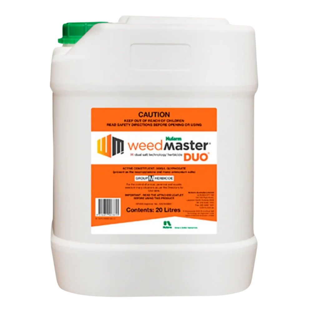 White 20 Litre container with orange label for 'WeedMaster DUO' on a white background