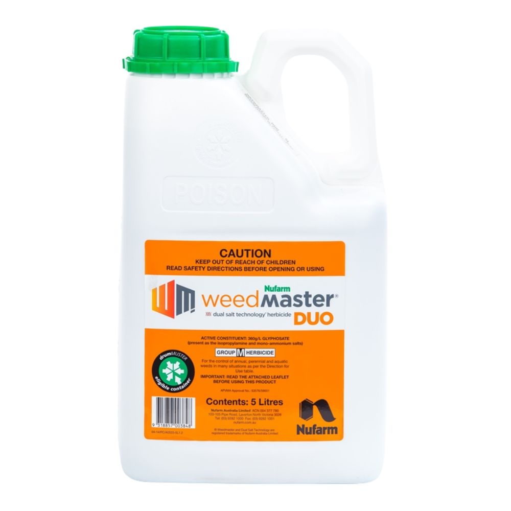 White 5 litre container with green lid labeled 'WeedMaster Duo' on an white background