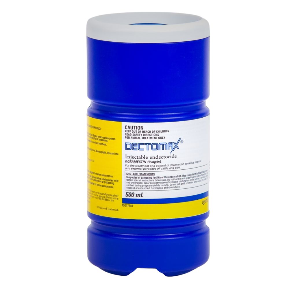 Blue Dectomax container with a yellow label on a white background