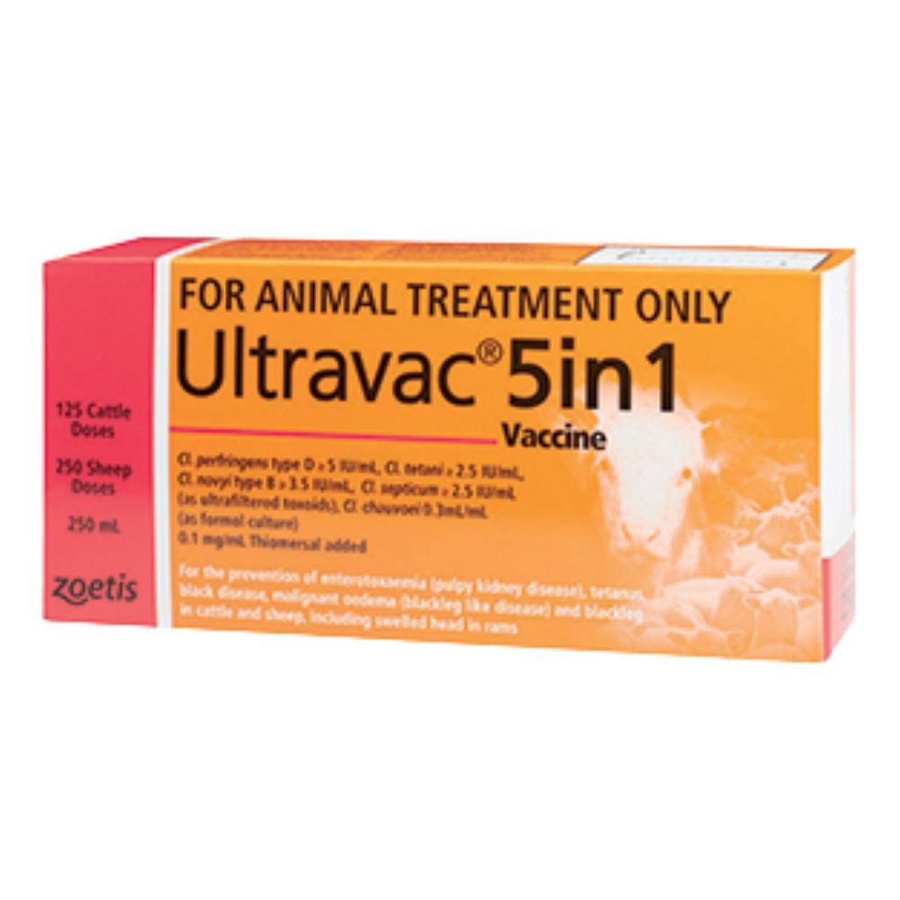 Ultravac 5in1 Vaccine packaging for animal treatment on a white background