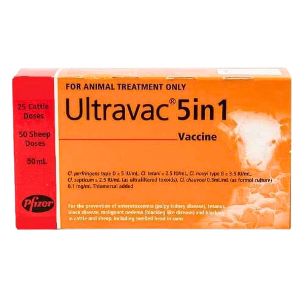 Orange box of Ultravac 5in1 vaccine for animal treatment, featuring Pfizer branding.