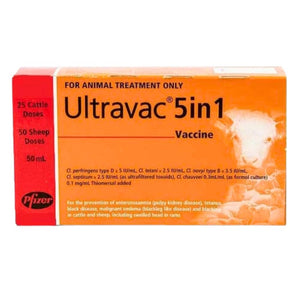 Orange box of Ultravac 5in1 vaccine for animal treatment, featuring Pfizer branding.