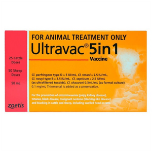 Ultravac 5in1 vaccine packaging for animal treatment on a white background