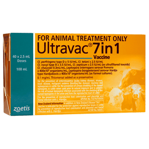 Ultravac 7in1 100ml vaccine packaging for animal treatment with Zoetis branding.