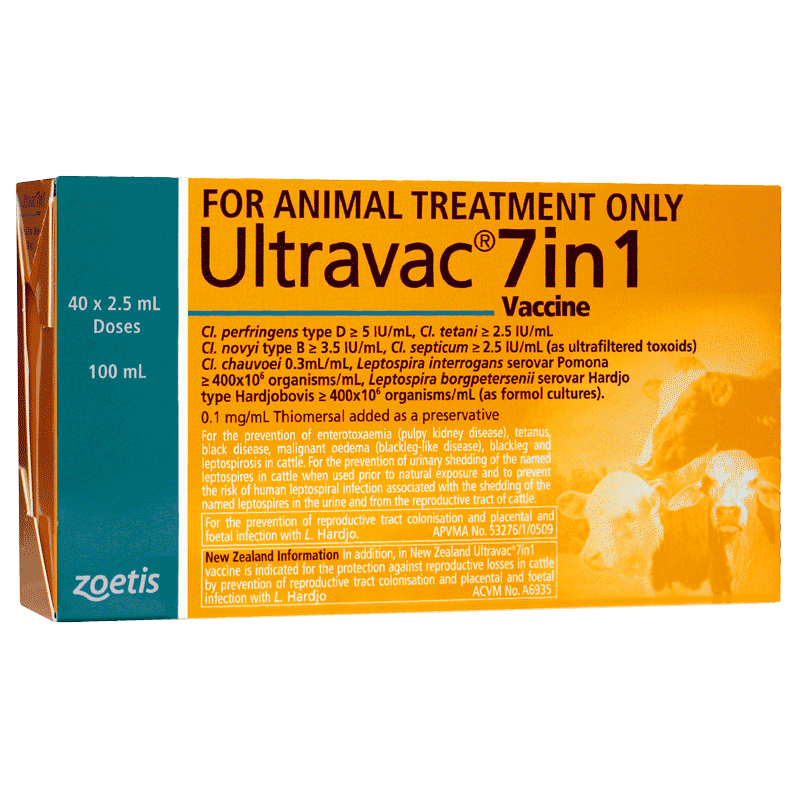 Ultravac 7in1 100ml vaccine packaging for animal treatment with Zoetis branding.