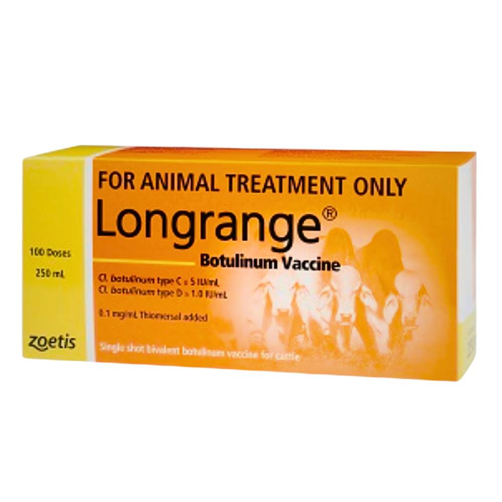Longrange Botulinum Vaccine packaging for animal treatment on a white background