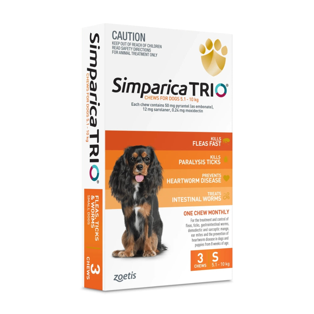 Simparica TRIO packaging for dogs with a dog illustration on a white background