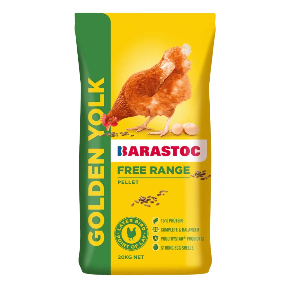 Barastoc Golden Yolk free range pellet feed packaging with a chicken on a yellow background