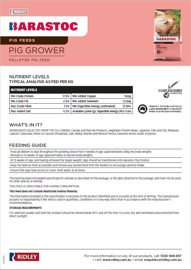 Nutritional details and feeding guide for pig feed on a pink and white background.