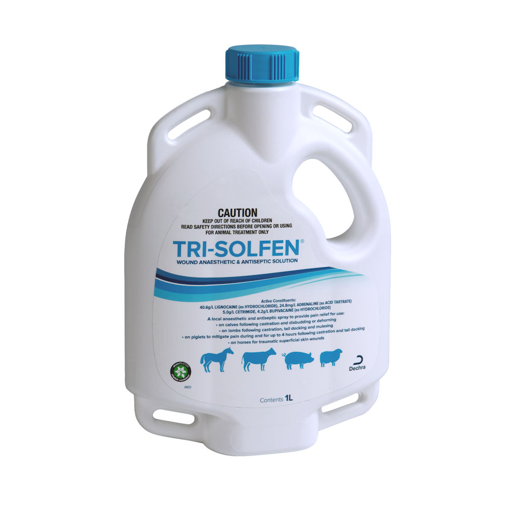 Tri-Solfen 1 litre container of topical anaesthetic with blue cap on a white background