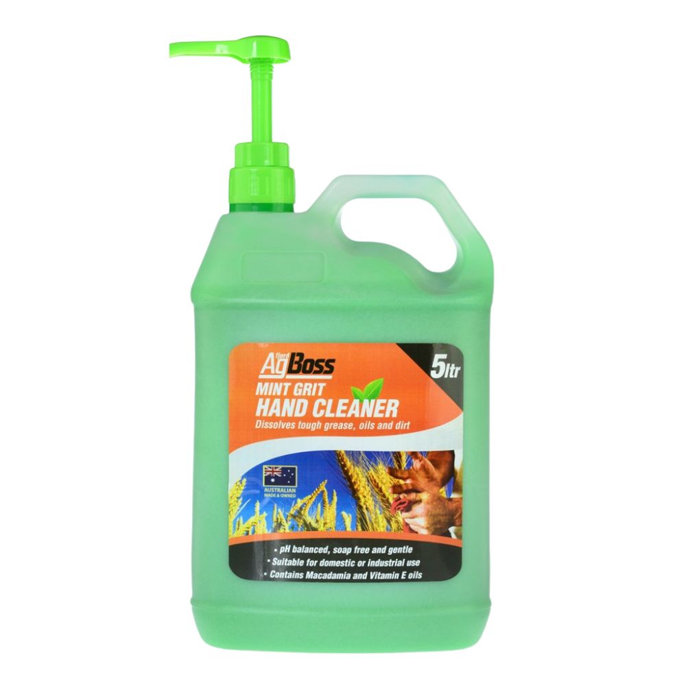 Green 5 litre bottle of Ag Boss Mint Grit Hand Cleaner on a white background