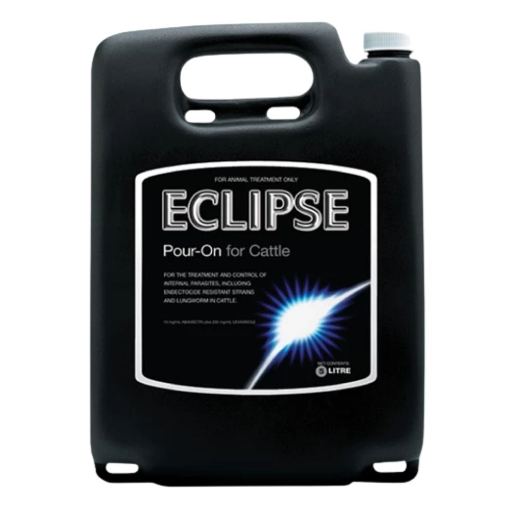 Black container labeled 'Eclipse Pour-On for Cattle' on a white background