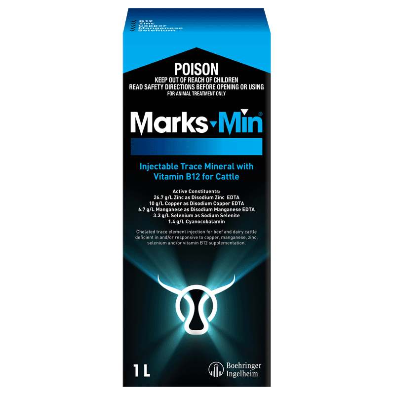 Marks-Min Injectable Trace Mineral packaging for cattle on a white background