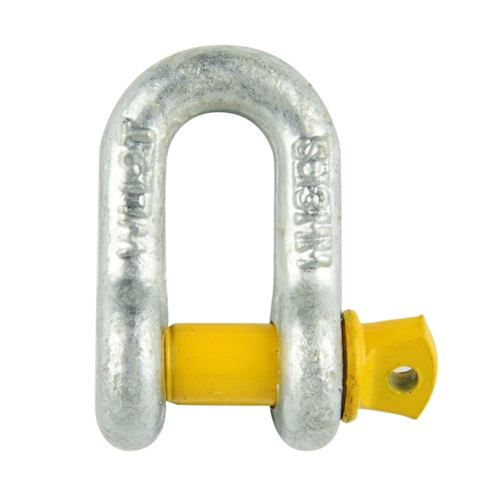 Metal shackle with yellow safety clip on a white background