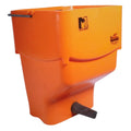 Orange feed trough with a brand logo on a white background
