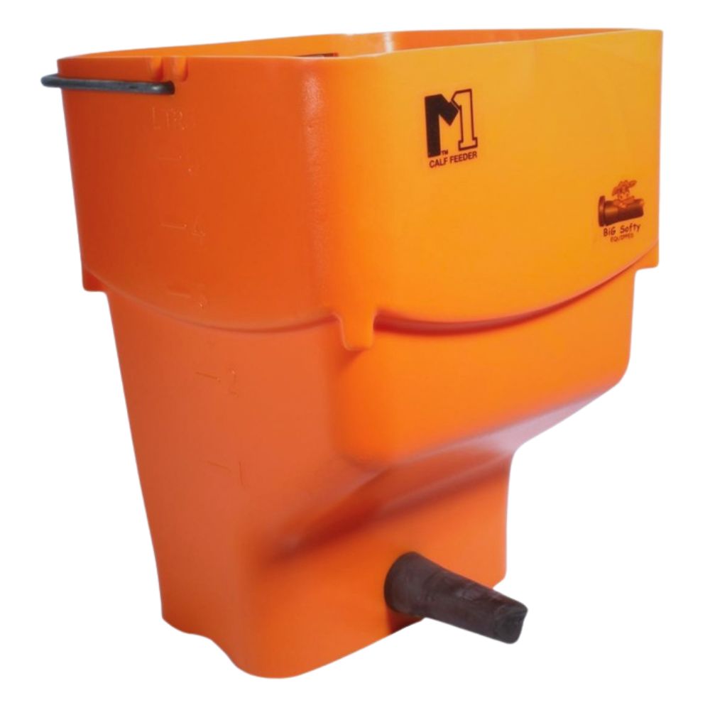 Orange feed trough with a brand logo on a white background