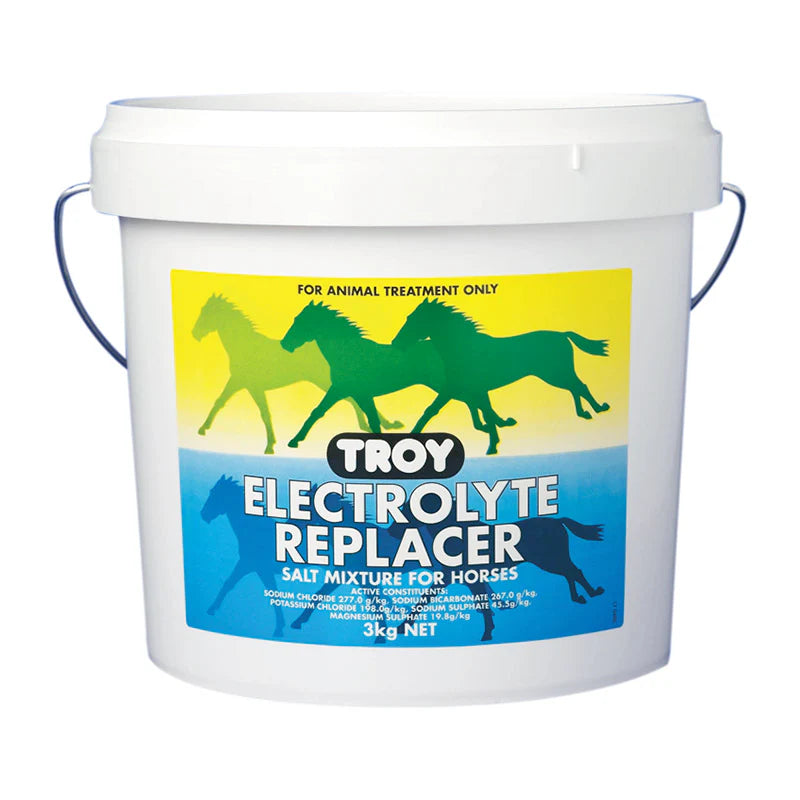 White bucket of Troy Electrolyte Replacer for horses on a white background