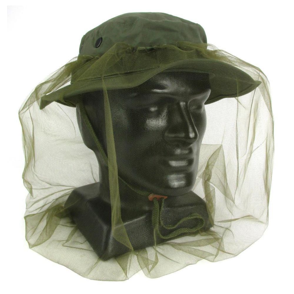 Green insect repellent hat with netting on a mannequin head against a white background