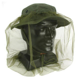 Green insect repellent hat with netting on a mannequin head against a white background